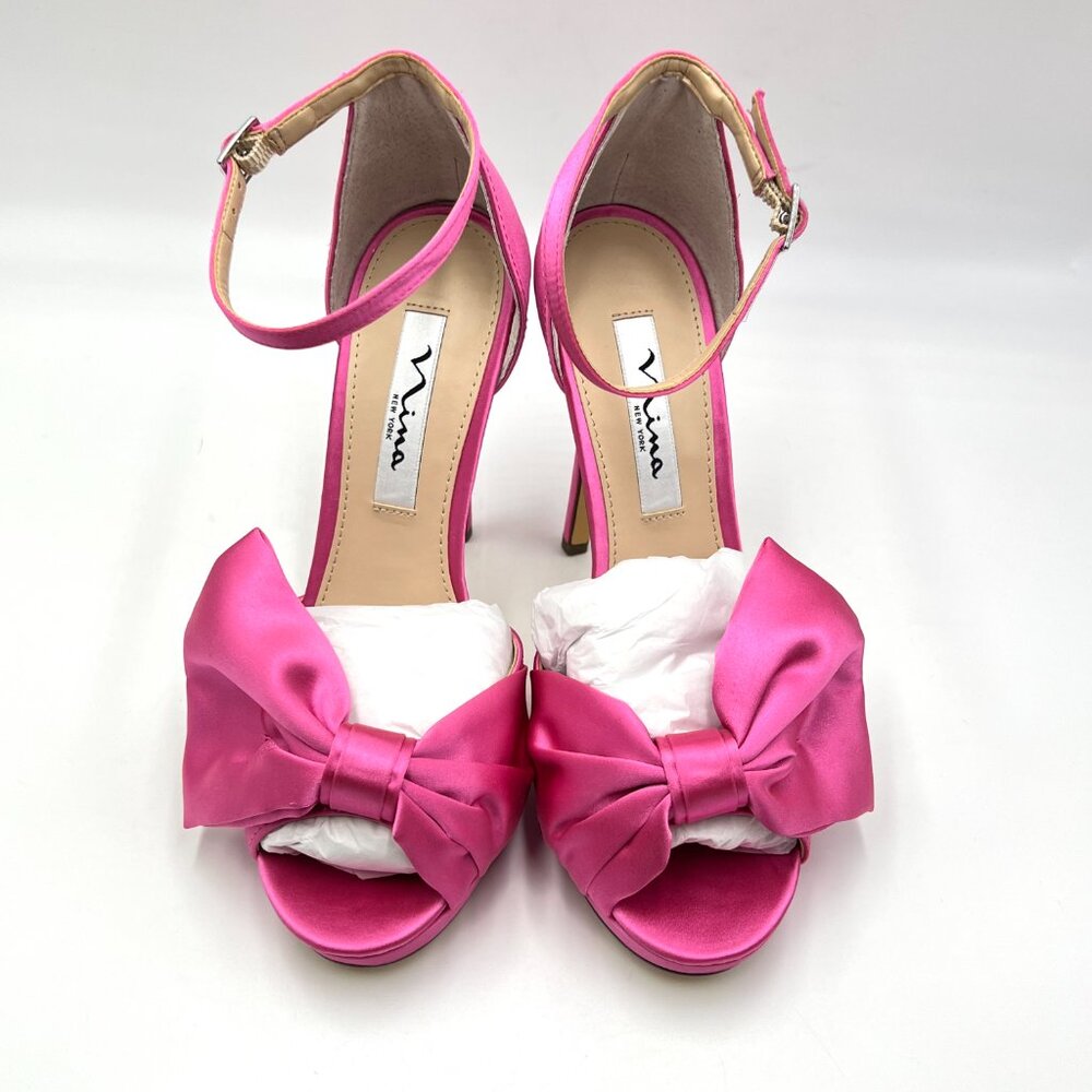 NEW Nina Womens Size 7.5 Pink Satin Platform Dress Sandals Heels Shoes Bows